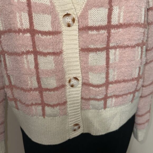 Lauren Conrad L Ivory Mauve Pink Plaid Cozy Chenille Knit Cardigan Sweater - Picture 7 of 11